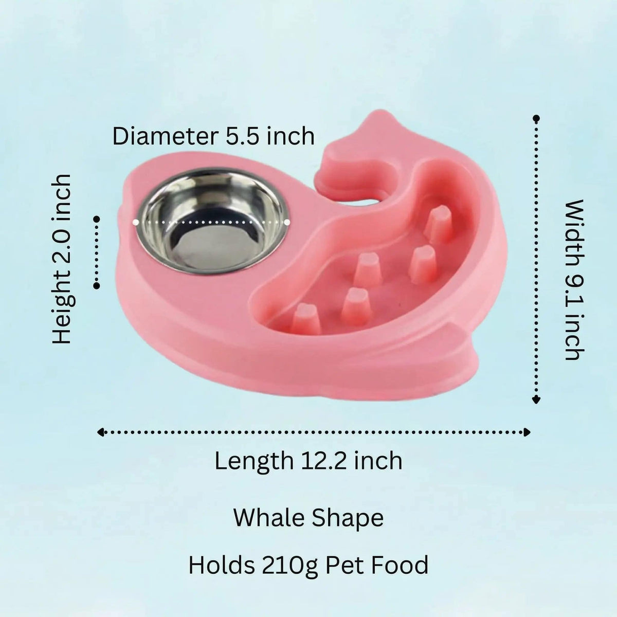 Pink fish shaped cat slow feeder bowl with its length, width, height, dish diameter and food capacity marked