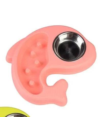 Pink fish shaped cat slow feeder bowl with raised spikes and stainless steel dish