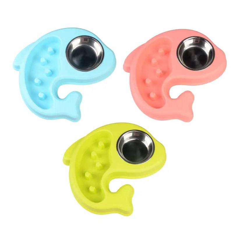 Blue, pink and green fish shaped cat slow feeder bowls, each with a stainless steel insert