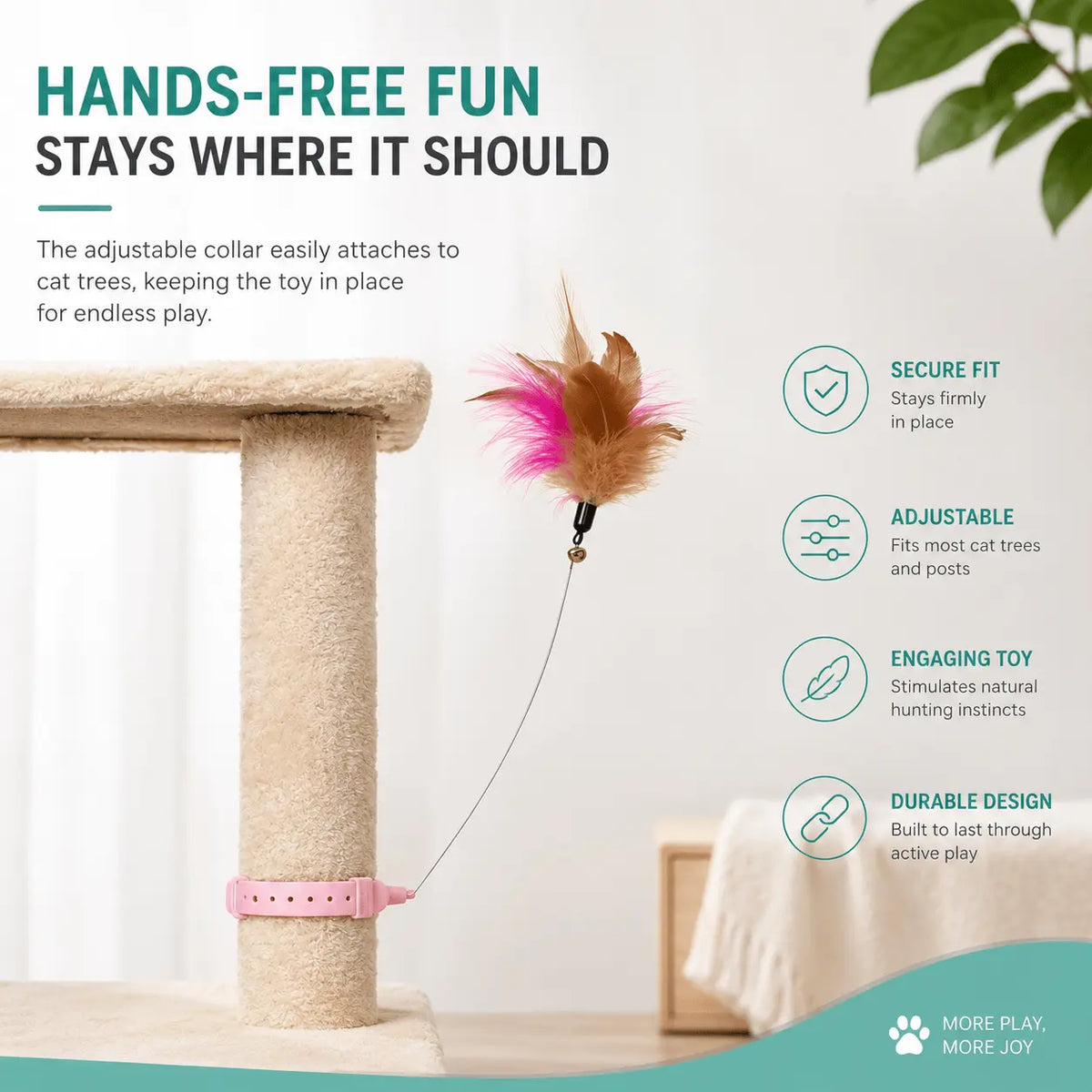 Hands-free panel showing the collar wrapped around a cat tree post with the feather held out on its wire