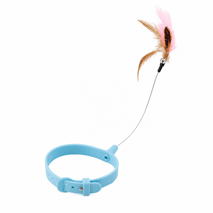 The blue Noblias cat teaser collar shown with its wire arm and feather lure