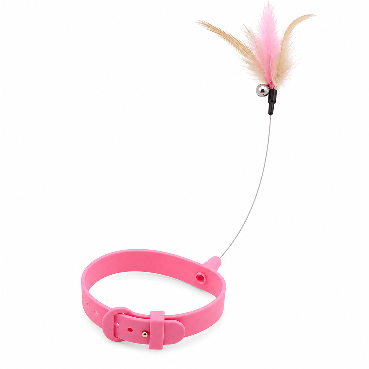 The pink Noblias cat teaser collar with its steel wire arm, bell and feather lure standing above the buckle