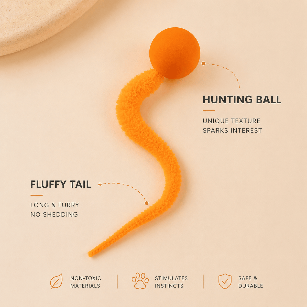Orange cat toy ball with worm tail, with callouts for the textured hunting ball and the long furry no-shedding tail