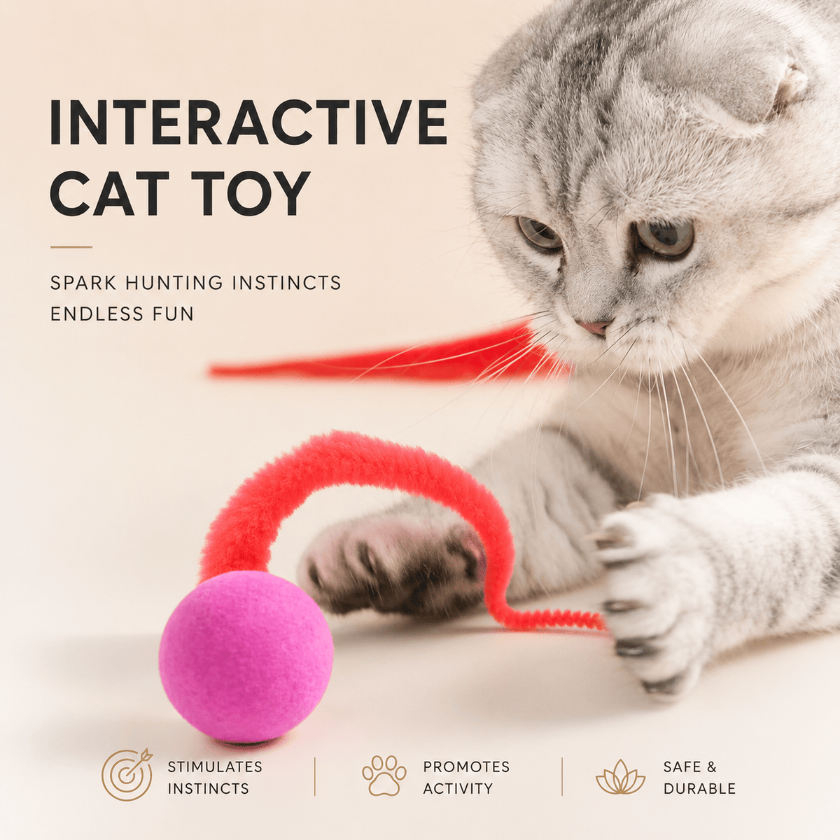 Cat batting the red worm-tail ball, labeled interactive cat toy that sparks hunting instincts, promotes activity, safe and durable
