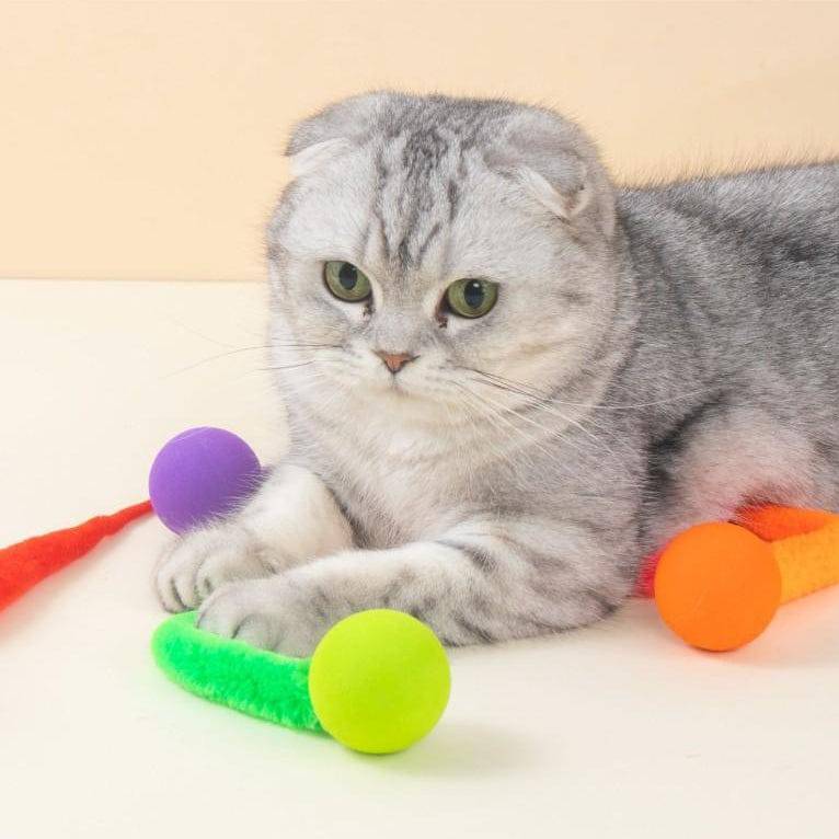 Scottish Fold cat lying beside the colorful Noblias cat toy balls with fuzzy worm tails