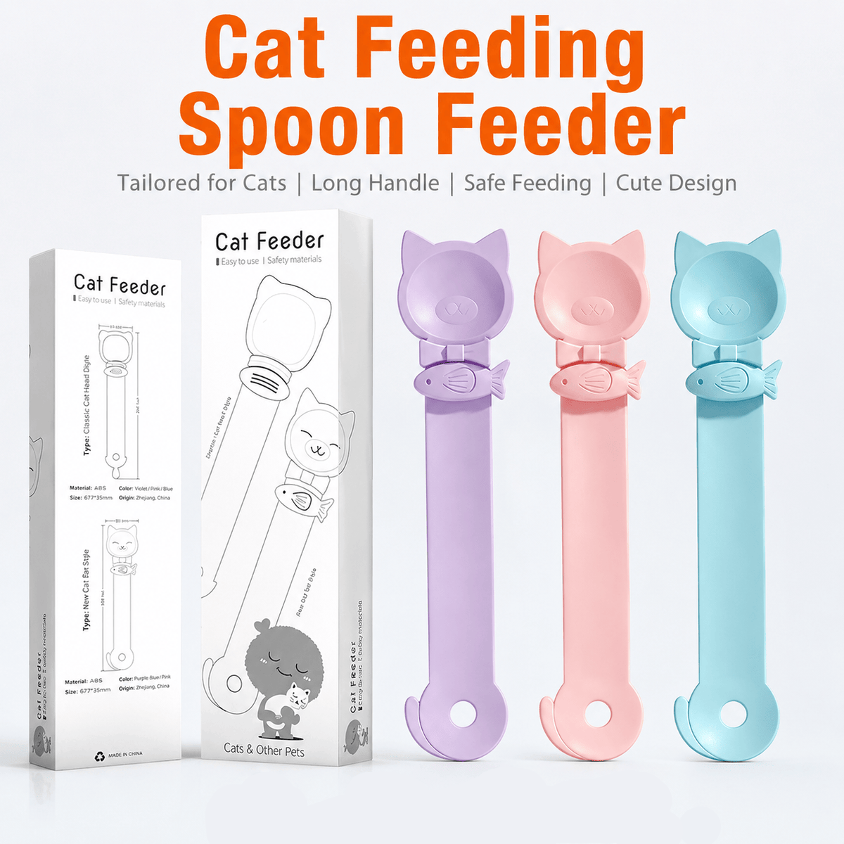 Retail box for the Noblias cat feeding spoon feeder beside three cat-eared treat squeeze spoons in purple, pink and green