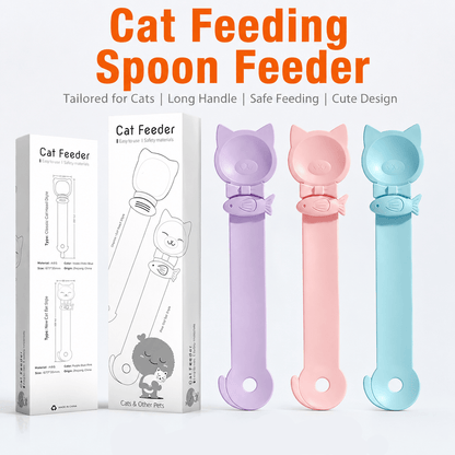 Retail box for the Noblias cat feeding spoon feeder beside three cat-eared treat squeeze spoons in purple, pink and green