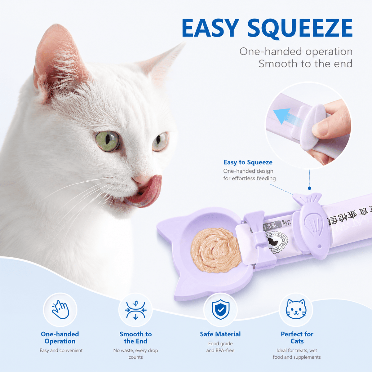 Cat licking the purple treat spoon while a hand slides the presser, with one-handed operation, smooth to the end and safe material callouts