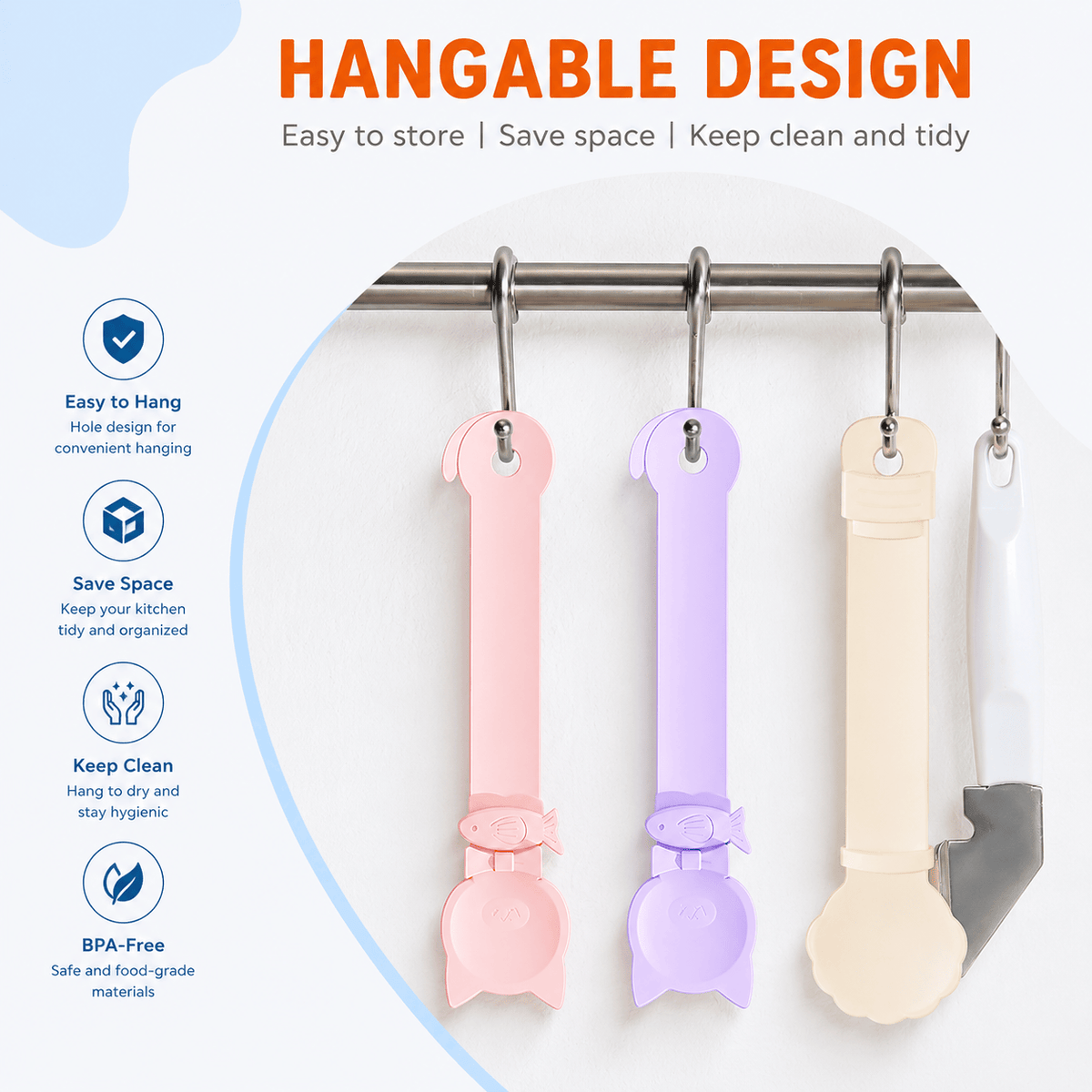 Three Noblias cat treat squeeze spoons hanging from hooks by the hole in the end of each handle, shown as a space-saving storage design