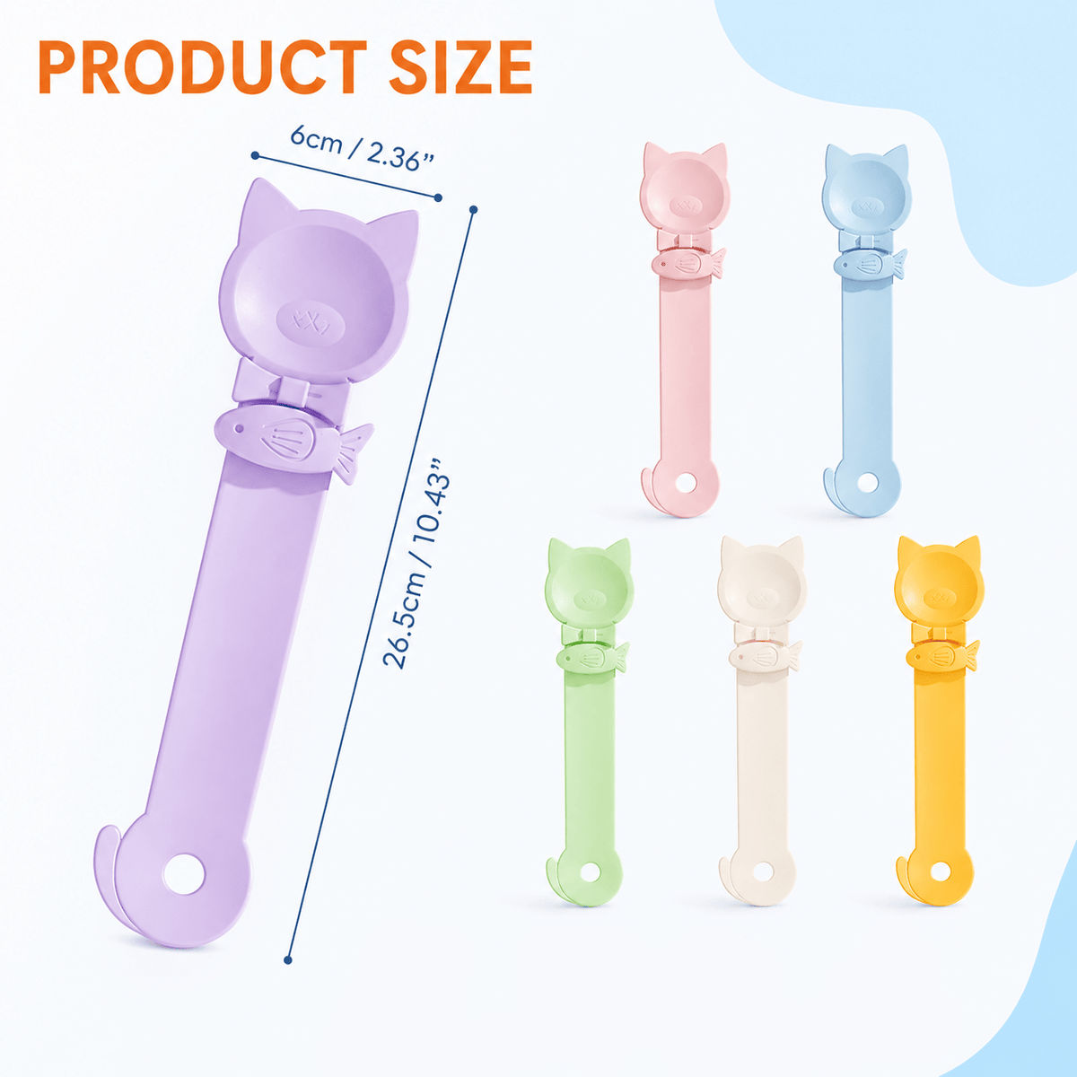 Size diagram of the Noblias cat treat squeeze spoon: 26.5 cm long with a 6 cm cat-ear spoon head, shown in six colors
