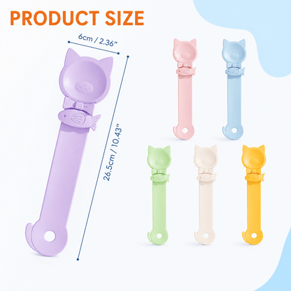 Size diagram of the Noblias cat treat squeeze spoon: 26.5 cm long with a 6 cm cat-ear spoon head, shown in six colors