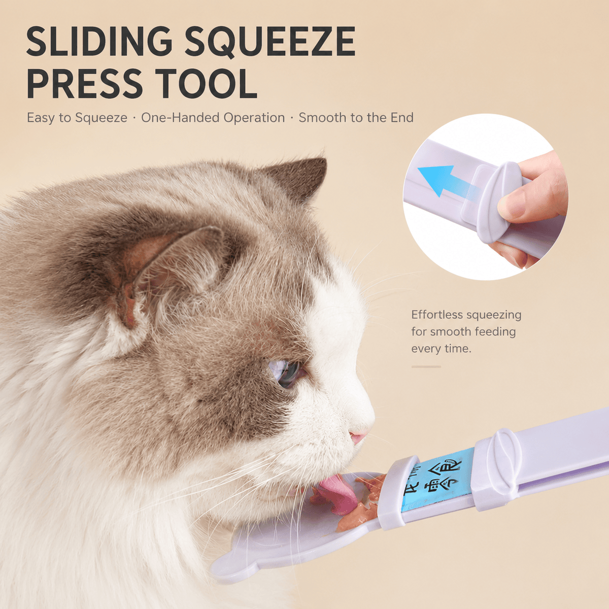 Close up of the fish-shaped sliding presser being pushed along the handle of the Noblias cat treat spoon while a cat licks the head