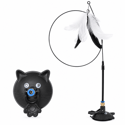 The black Noblias cat wand with its cat face suction base and a feather lure on the spring rod.