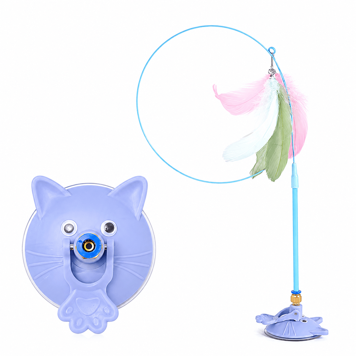 The blue Noblias cat wand with its cat face suction base and a feather lure on the spring rod.
