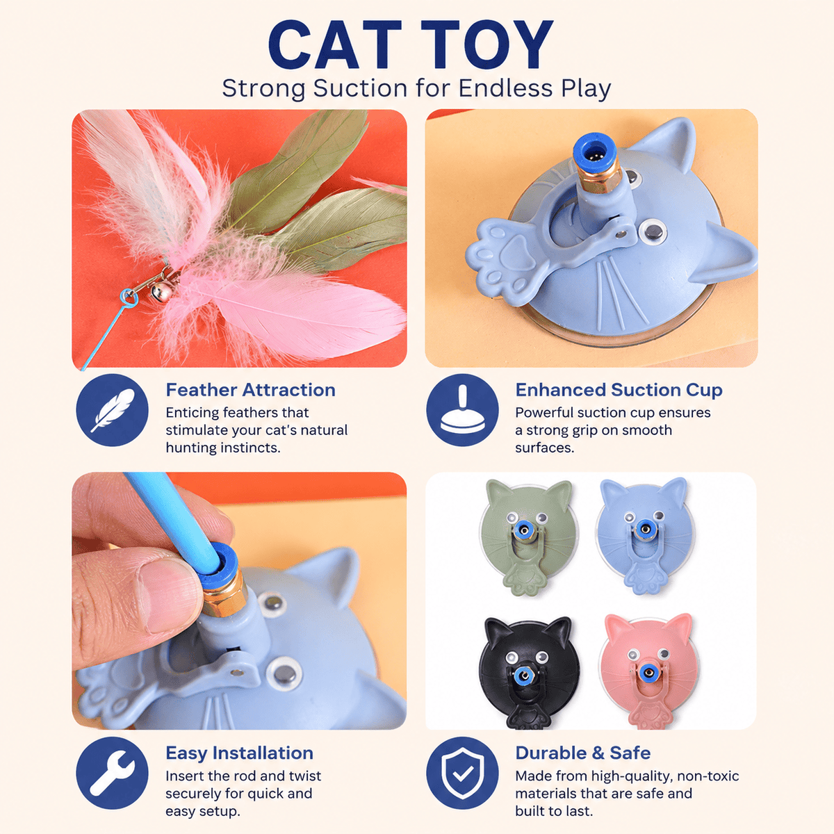Features of the Noblias suction cup cat wand, the feather head, the reinforced suction cup and the tool free rod fitting, with blue, pink, black and green color options.