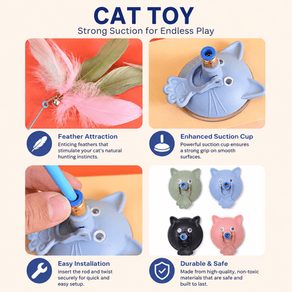 Features of the Noblias suction cup cat wand, the feather head, the reinforced suction cup and the tool free rod fitting, with blue, pink, black and green color options.