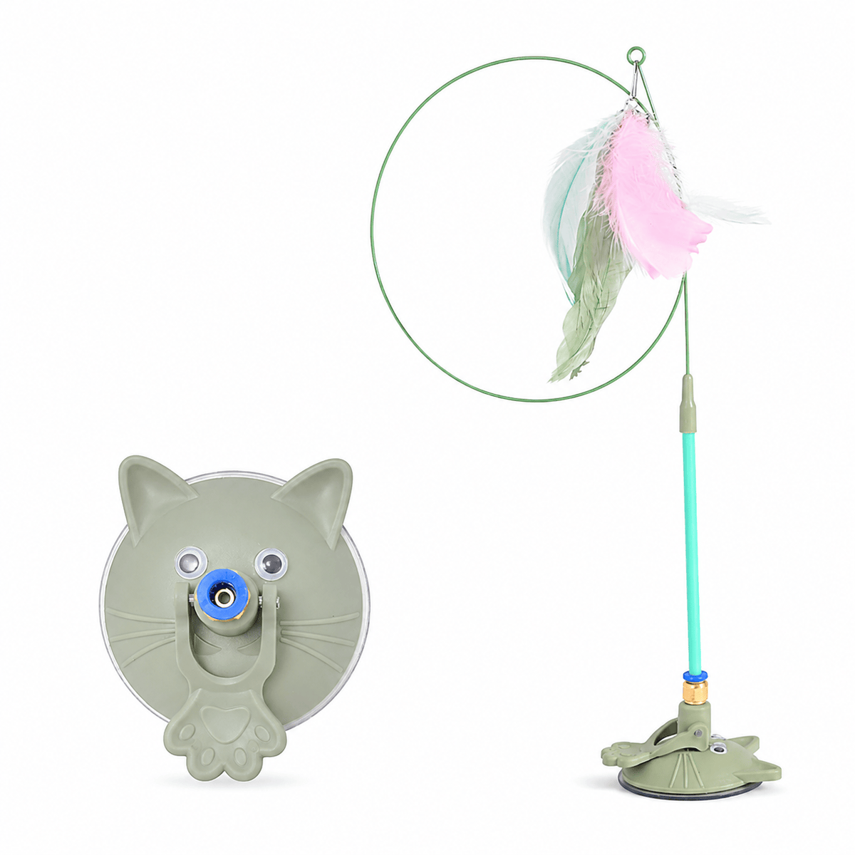 The green Noblias cat wand with its cat face suction base and a feather lure on the spring rod.