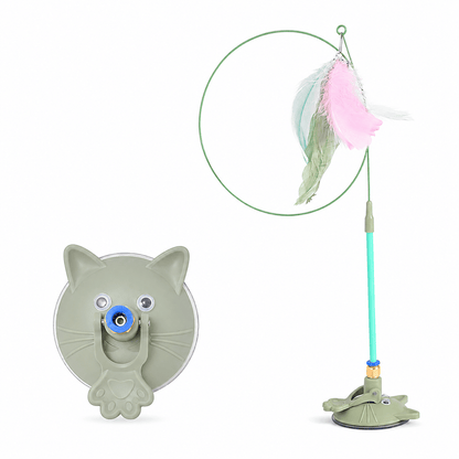 The green Noblias cat wand with its cat face suction base and a feather lure on the spring rod.