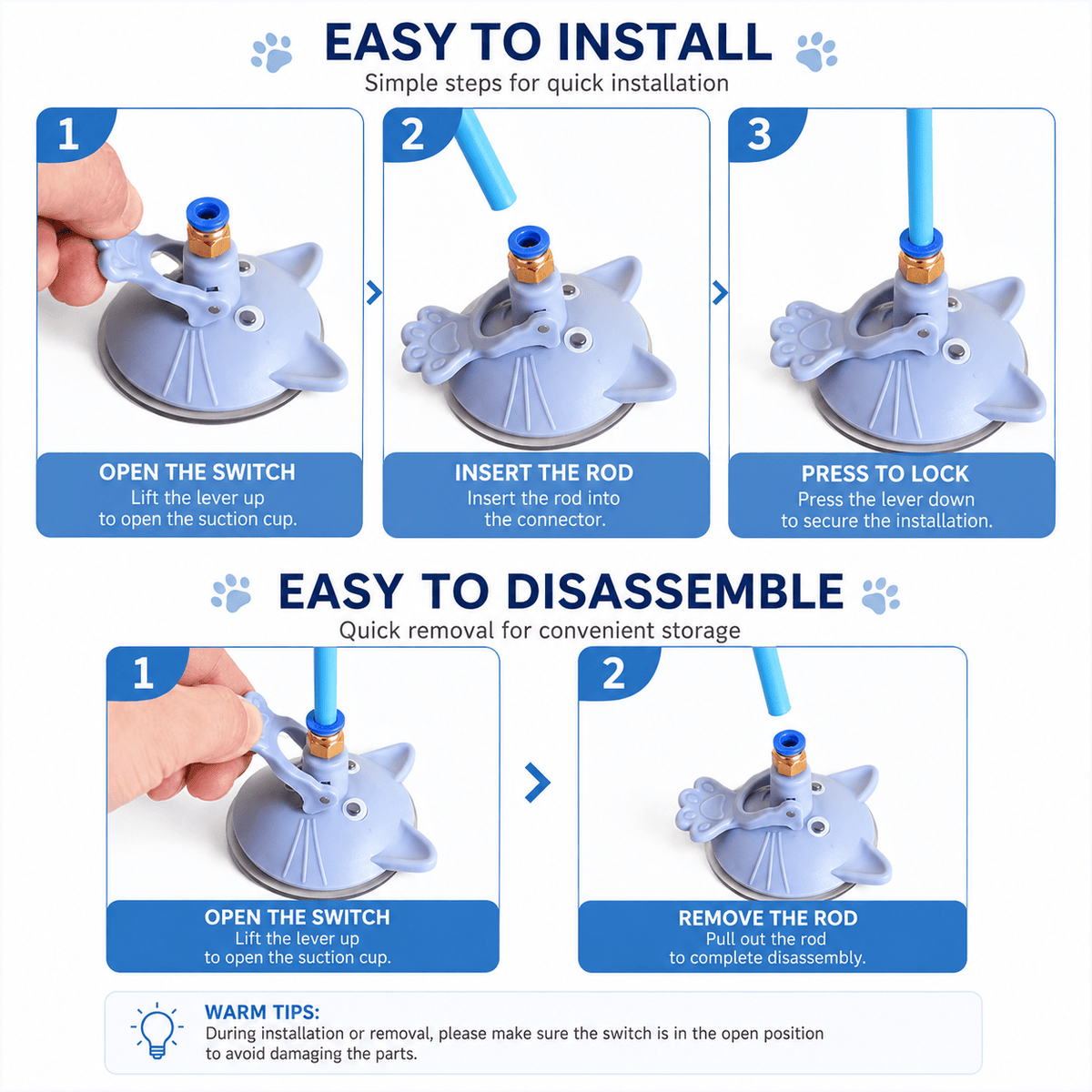 Steps for the Noblias cat wand: open the switch, insert the rod and press to lock, then open the switch again to remove the rod.