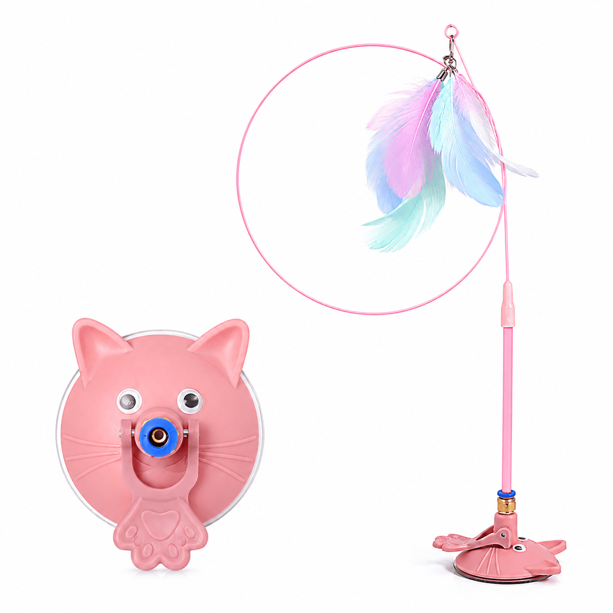 The pink Noblias cat wand with its cat face suction base and a feather lure on the spring rod.