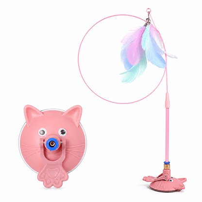 The pink Noblias cat wand with its cat face suction base and a feather lure on the spring rod.
