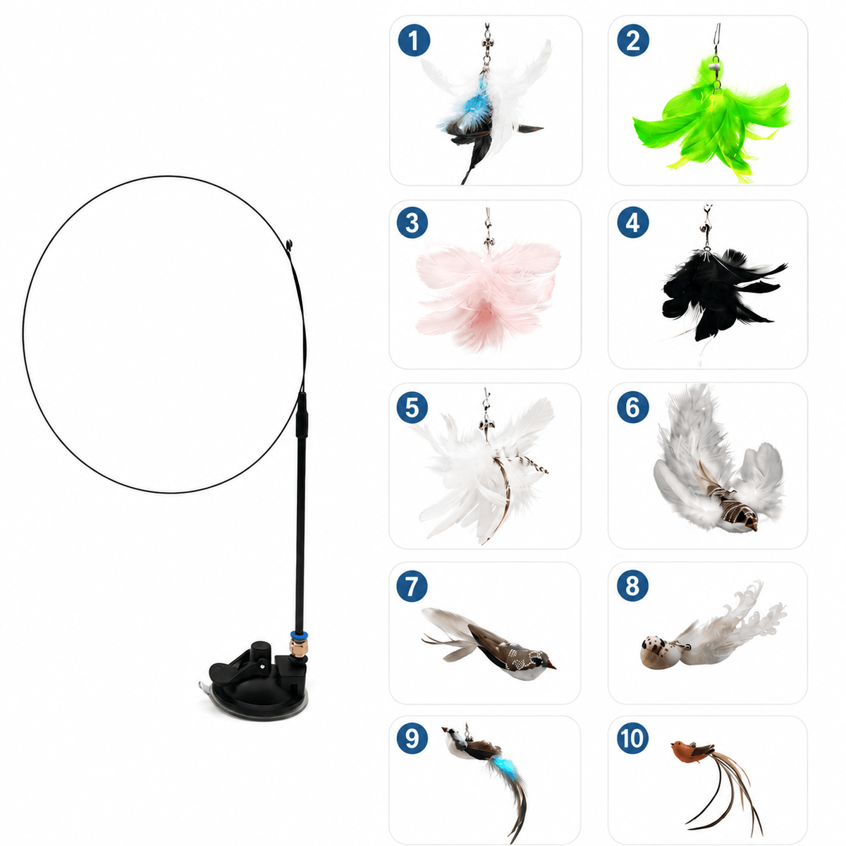 The Noblias cat wand toy on its suction cup base beside the ten replaceable feather and bird head options.
