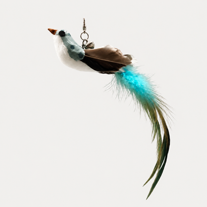 Bird head for the Noblias cat wand toy with a bright teal feather tail and a bell on the clip.
