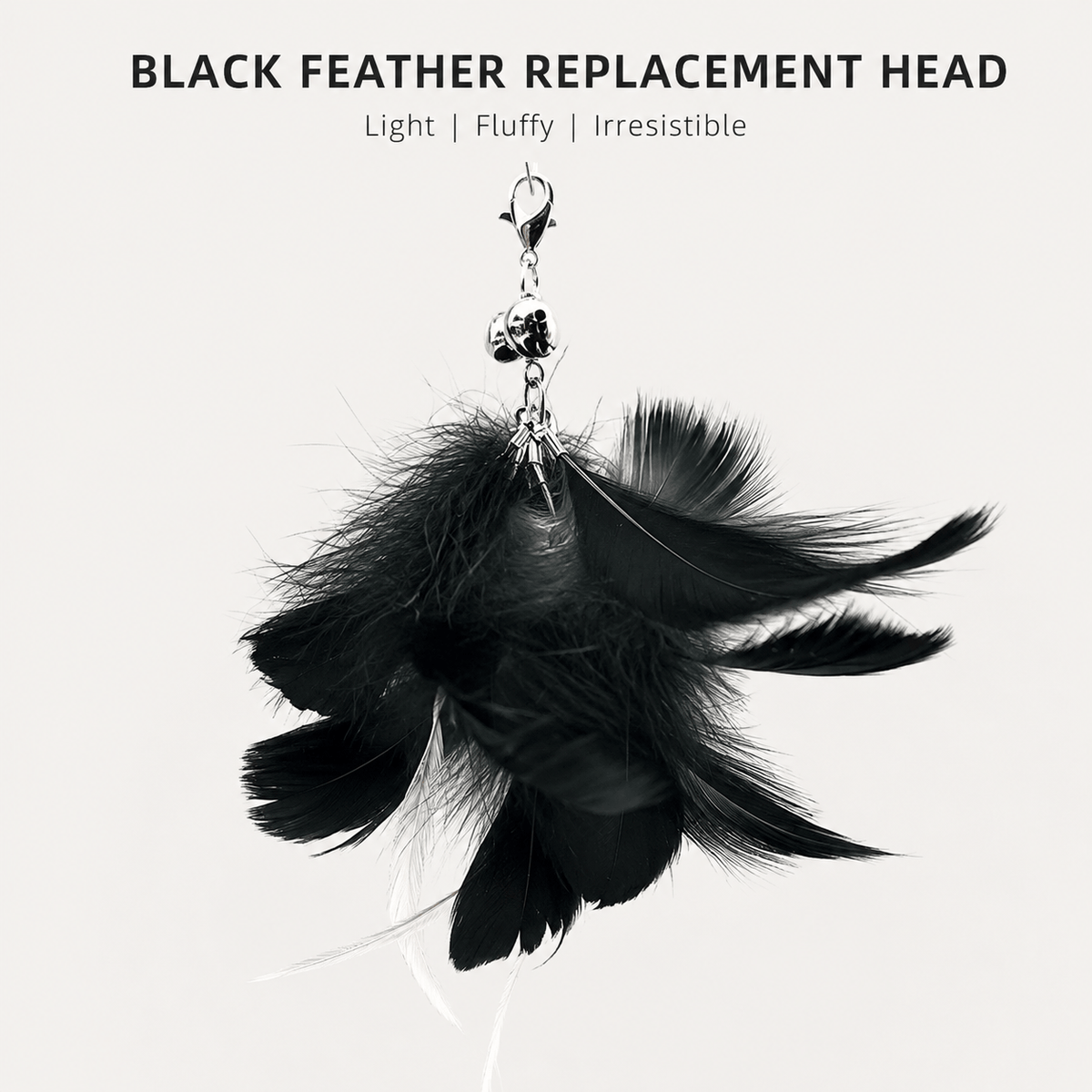 Black feather replacement head for the Noblias cat wand toy, light and fluffy with a bell on the clip.