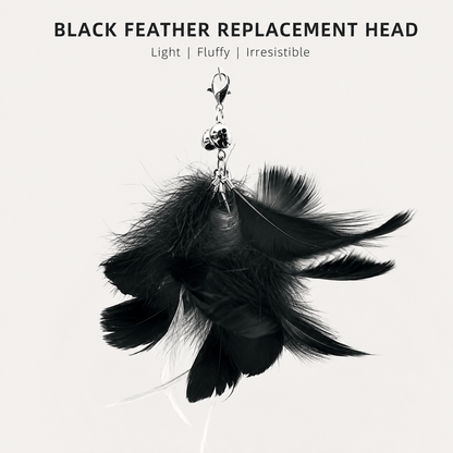 Black feather replacement head for the Noblias cat wand toy, light and fluffy with a bell on the clip.
