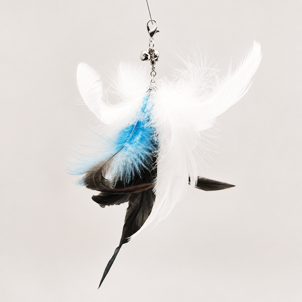 Blue and white feather replacement head for the Noblias cat wand toy, with a bell above the plume.