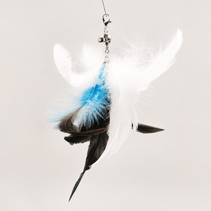 Blue and white feather replacement head for the Noblias cat wand toy, with a bell above the plume.