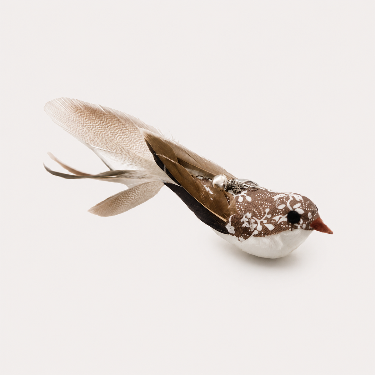Brown speckled bird head for the Noblias cat wand toy with white and striped feathers and a bell.