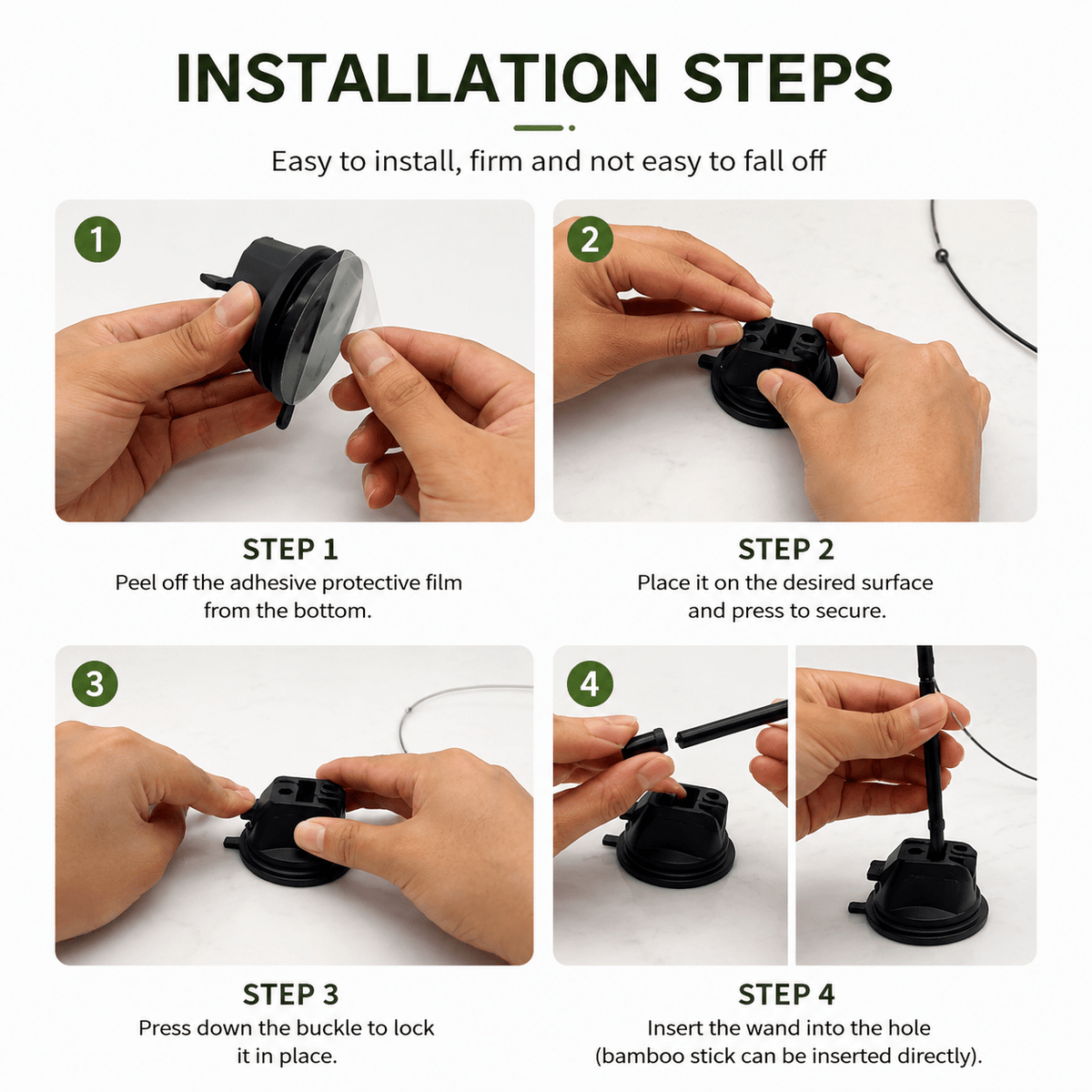 Four installation steps for the Noblias cat wand toy: peel the adhesive film off the base, press it onto the surface, push the buckle down to lock it, then insert the wand into the hole.