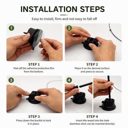 Four installation steps for the Noblias cat wand toy: peel the adhesive film off the base, press it onto the surface, push the buckle down to lock it, then insert the wand into the hole.