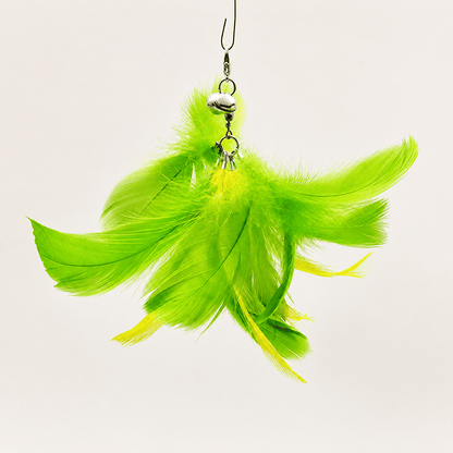 Bright green feather replacement head for the Noblias cat wand toy, hanging from its metal clip and bell.