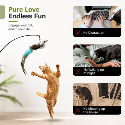 Ginger cat leaping for the bird teaser on the Noblias cat wand toy, shown as a way to stop cats interrupting work, waking you at night and knocking things over.