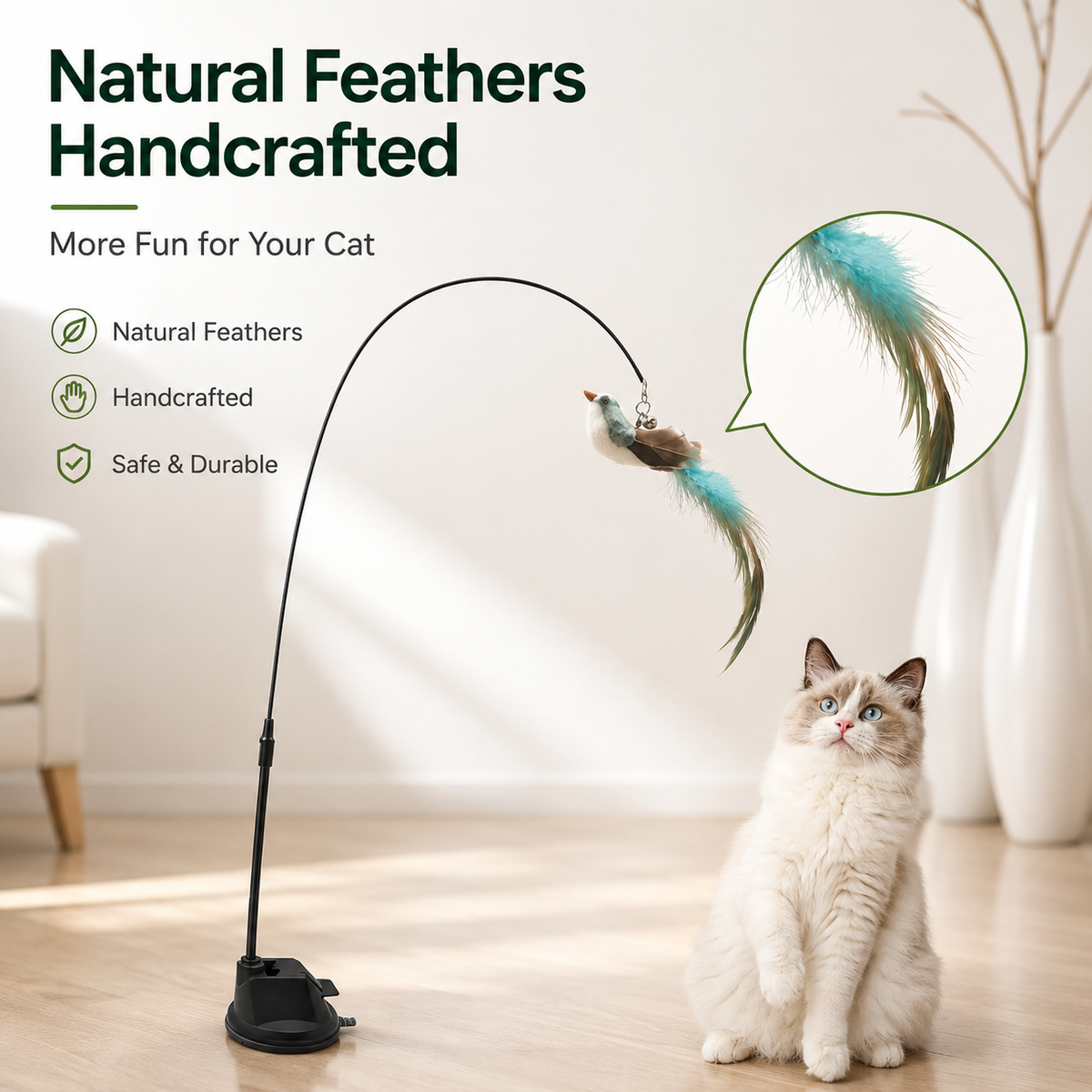 The Noblias cat wand toy standing on its base beside a cat, labeled natural feathers, handcrafted, safe and durable.
