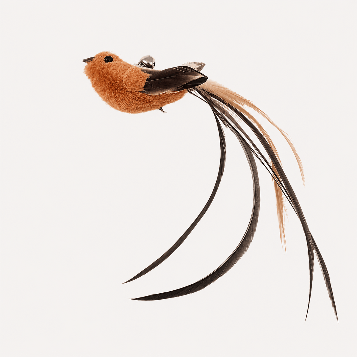 Orange bird head for the Noblias cat wand toy with long striped natural tail feathers and a bell.