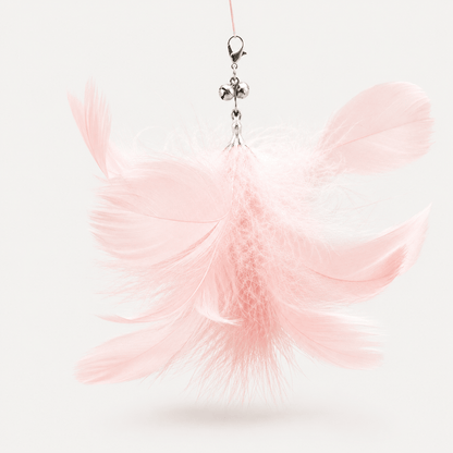 Soft pink feather replacement head for the Noblias cat wand toy, hanging from its clip and bell.