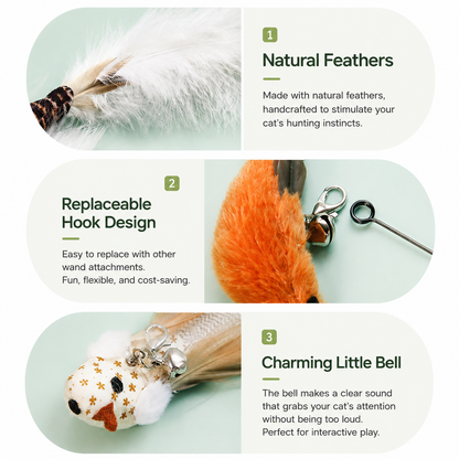 Features of the Noblias cat wand toy: handcrafted natural feathers, a replaceable hook that takes other wand heads, and a small bell that catches your cat's attention.