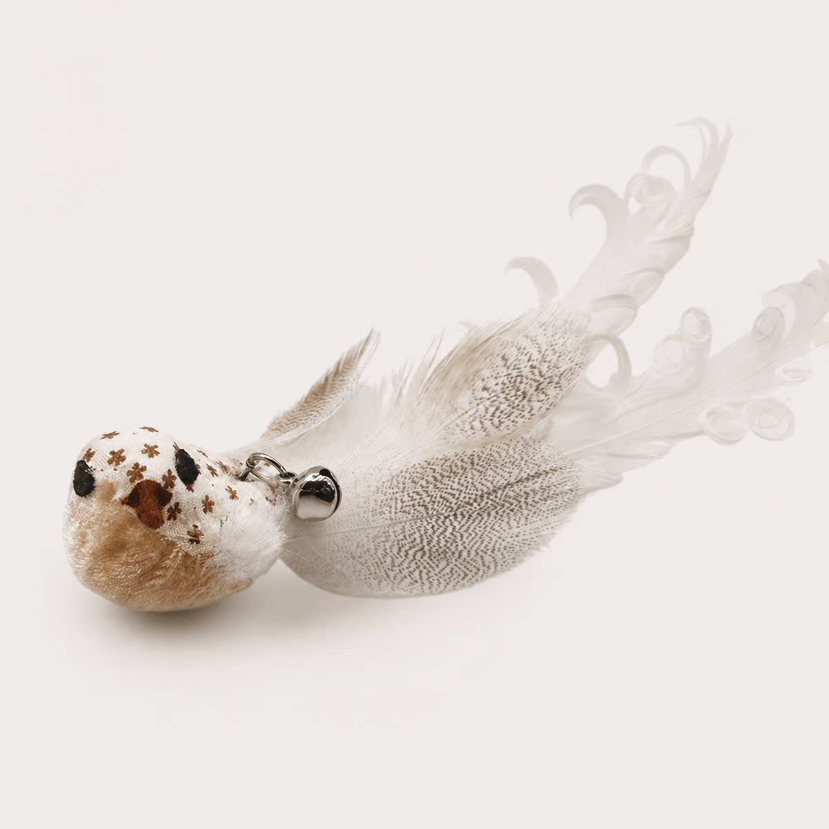 Speckled brown and white bird head for the Noblias cat wand toy, with a long natural feather tail and a bell.