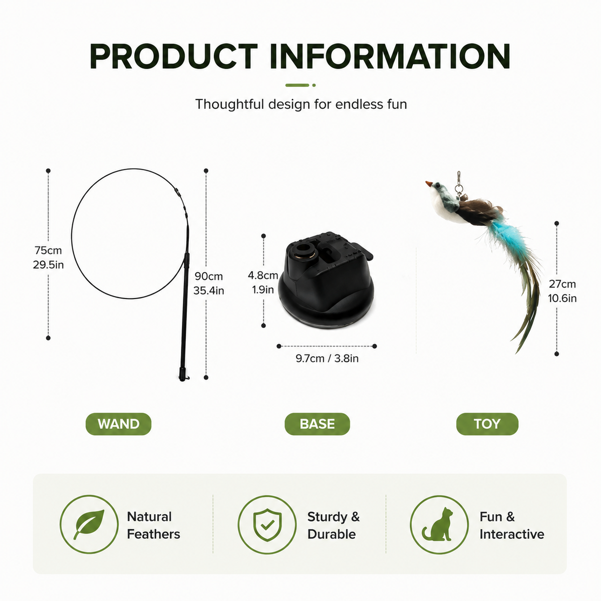 Dimensions of the Noblias cat wand toy showing the 90 cm wand, the 9.7 cm suction base and the 27 cm feather head.