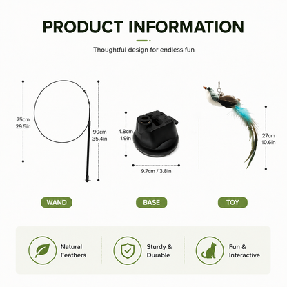 Dimensions of the Noblias cat wand toy showing the 90 cm wand, the 9.7 cm suction base and the 27 cm feather head.