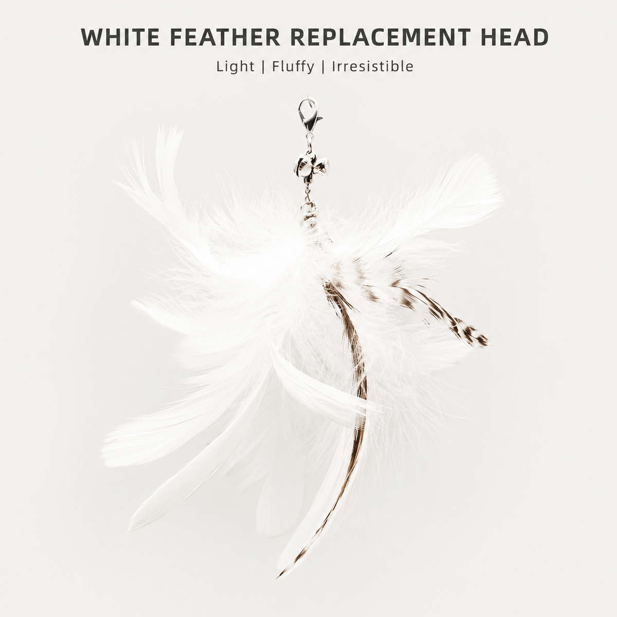 White feather replacement head for the Noblias cat wand toy, light and fluffy with a bell on the clip.