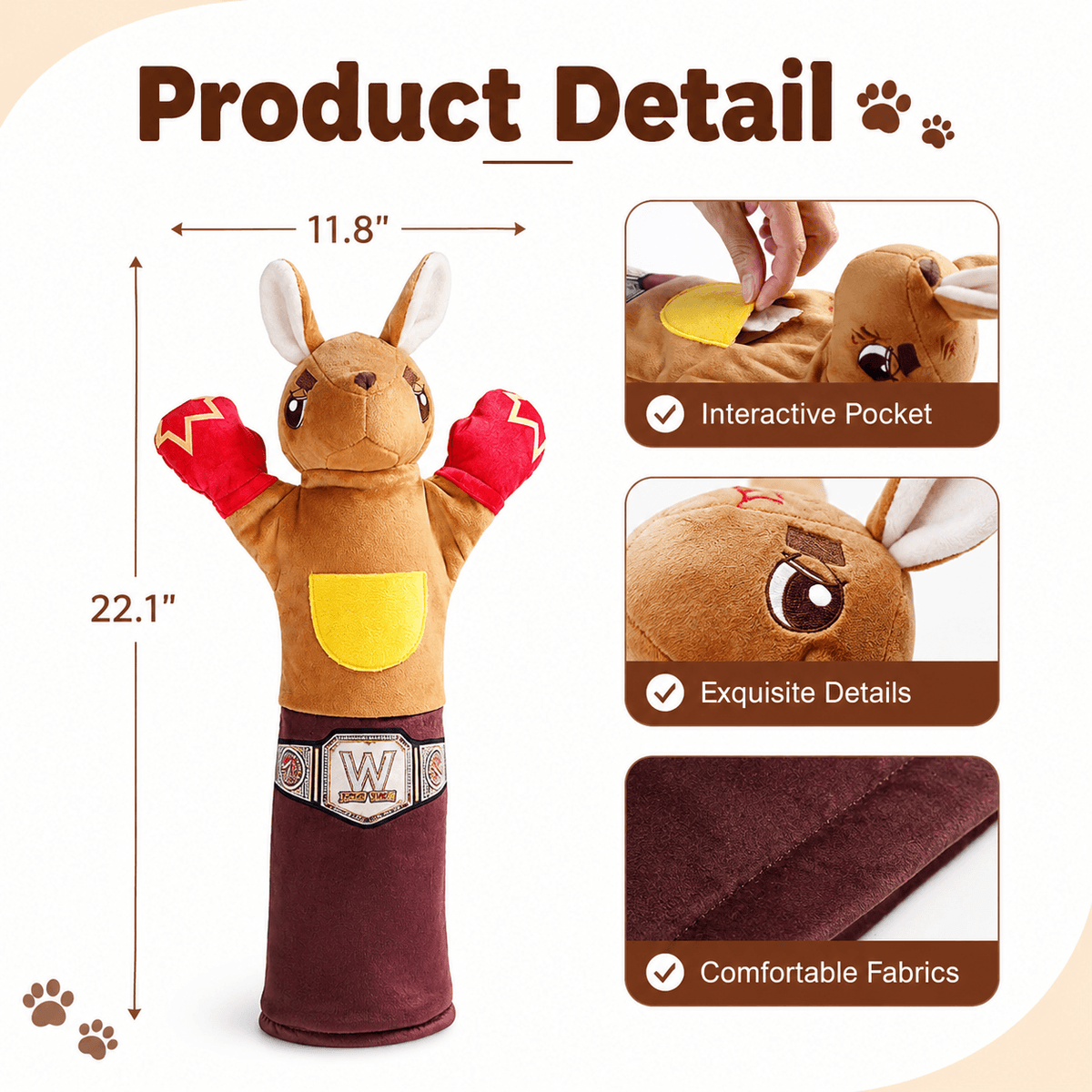 Measurement drawing of the puppet showing its height and width, beside close-ups of the front pocket, the face stitching and the sleeve fabric.