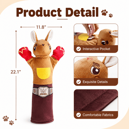 Measurement drawing of the puppet showing its height and width, beside close-ups of the front pocket, the face stitching and the sleeve fabric.