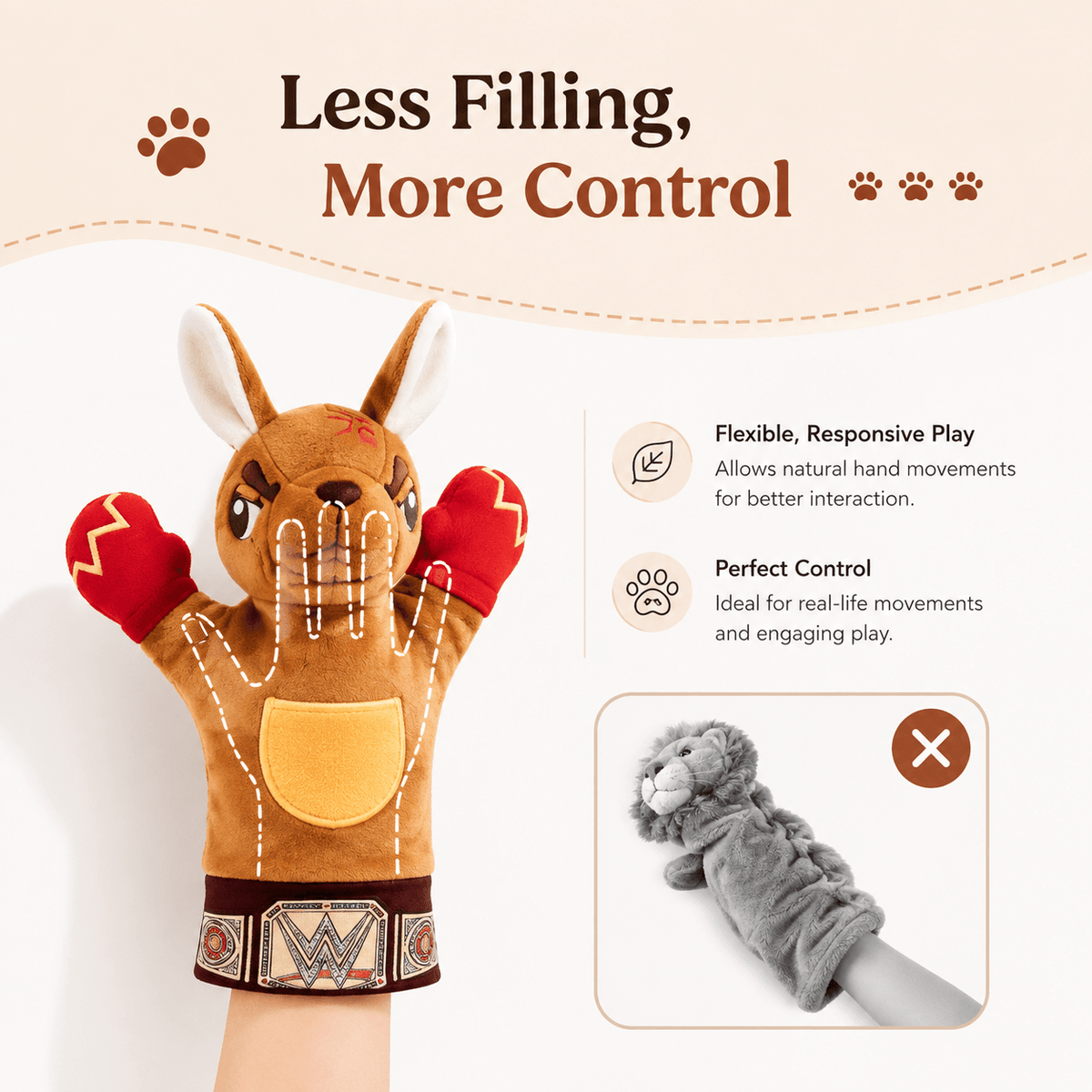 The puppet shown with a hand outline inside it to explain how the light filling lets the fingers move the arms.