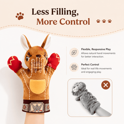 The puppet shown with a hand outline inside it to explain how the light filling lets the fingers move the arms.