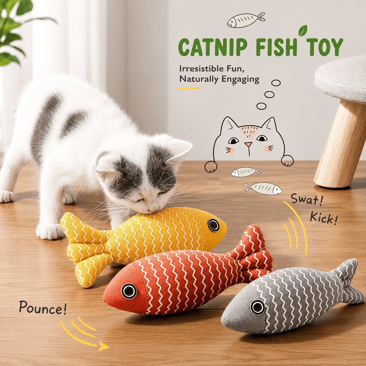 Kitten pouncing on the Noblias catnip fish kicker toys, labeled pounce, swat and kick.