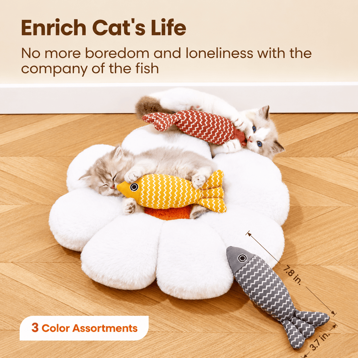 Size view of the Noblias catnip fish toys at 7.9 inches long by 3.1 inches, shown in all three color assortments.
